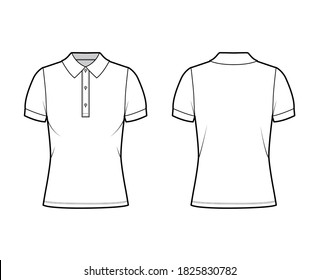 Polo shirt technical fashion illustration with cotton-jersey short sleeves, oversized, buttons along the front. Flat outwear apparel template front, back, white color. Women men unisex top CAD mockup