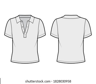 Polo shirt technical fashion illustration with cotton-jersey short sleeves, oversized, buttons along the front. Flat outwear apparel template front, back grey color. Women men unisex top mockup