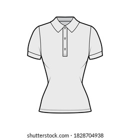 Polo shirt technical fashion illustration with cotton-jersey short sleeves, close fit, buttons along the front. Flat outwear apparel template front, grey color. Women men unisex top CAD mockup