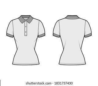 Polo shirt technical fashion illustration with cotton-jersey short sleeves, close fit, buttons along the front. Flat outwear apparel template front, back, grey color. Women men unisex top CAD mockup