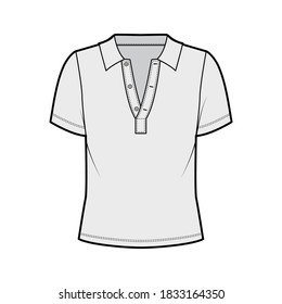 Polo shirt technical fashion illustration with cotton-jersey short sleeves, oversized, buttons along the front. Flat outwear apparel template front, grey color. Women men unisex top mockup