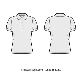 Polo shirt technical fashion illustration with cotton-jersey short sleeves, oversized, buttons along the front. Flat outwear apparel template front, back, grey color. Women men unisex top CAD mockup