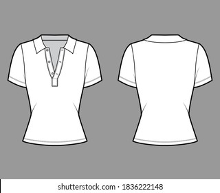 Polo shirt technical fashion illustration with cotton-jersey short sleeves, fitted body, buttons along the front. Flat outwear apparel template front, back, white color. Women men unisex top mockup