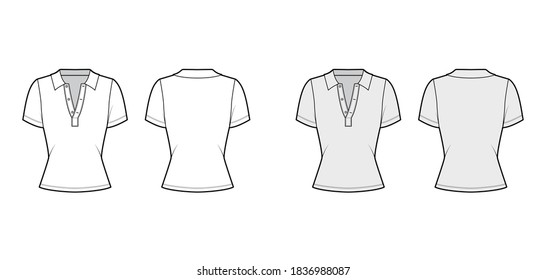 Polo shirt technical fashion illustration with cotton-jersey short sleeves, fitted body, buttons along the front. Flat outwear apparel template front back white grey color. Women men unisex top mockup