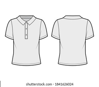 Polo shirt technical fashion illustration with cotton-jersey short sleeves, oversized, buttons along the front. Flat outwear apparel template front, back grey color. Women men unisex top mockup