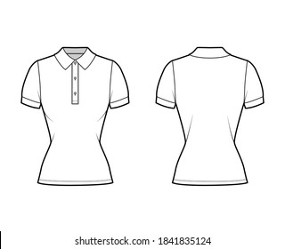Polo shirt technical fashion illustration with cotton-jersey short sleeves, close fit, buttons along the front. Flat outwear apparel template front, back, white color. Women men unisex top CAD mockup