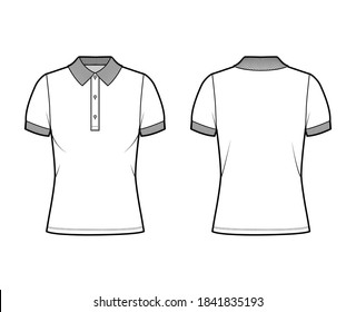 Polo shirt technical fashion illustration with cotton-jersey short sleeves, oversized, buttons along the front. Flat outwear apparel template front, back, white color. Women men unisex top CAD mockup