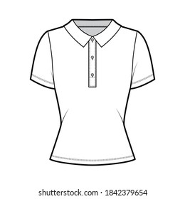 Polo shirt technical fashion illustration with cotton-jersey short sleeves, fitted body, buttons along the front. Flat outwear apparel template front, white color. Women men unisex top mockup