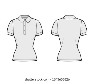 Polo shirt technical fashion illustration with cotton-jersey short sleeves, close fit, buttons along the front. Flat outwear apparel template front, back, grey color. Women men unisex top CAD mockup