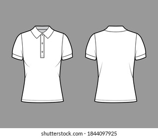 Polo Shirt Technical Fashion Illustration With Cotton-jersey Short Sleeves, Oversized, Buttons Along The Front. Flat Outwear Apparel Template Front, Back, White Color. Women Men Unisex Top CAD Mockup