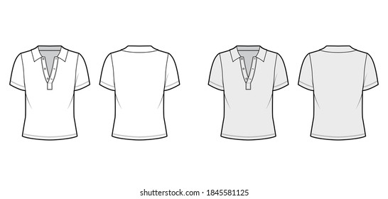 Polo shirt technical fashion illustration with cotton-jersey short sleeves, oversized, buttons along the front. Flat outwear apparel template front, back, white grey color. Women men unisex top mockup
