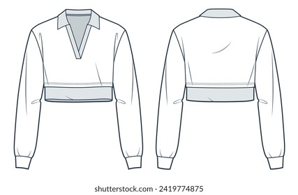 Polo Shirt technical fashion illustration. Cropped Polo Shirt fashion flat technical drawing template, long sleeve, v neck, relaxed fit, front and back view, white, women, men, unisex Top CAD mockup.