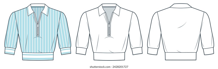 Ilustración técnica de la moda de la camisa del polo, diseño rayado. Plantilla de dibujo técnico plano de moda, media manga, media cremallera, frente, vista posterior, blanco, azul, mujeres, hombres, conjunto de maquetas CAD unisex.