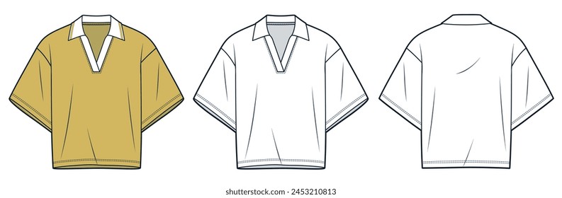 Polo Shirt technical fashion illustration. Cropped Top fashion flat technical drawing template, short sleeve, polo collar, oversize, front, back view, white, yellow, women, men, unisex CAD mockup set.