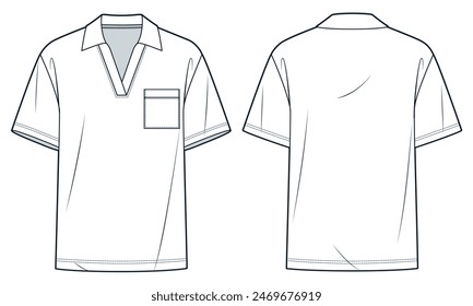 Polo Shirt technical fashion illustration. T-Shirt fashion flat technical drawing template, short sleeve, polo collar, v neck, relaxed fit, front and back view, white, women, men, unisex CAD mockup.