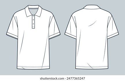 Polo Shirt technical fashion illustration. T-Shirt fashion flat technical drawing template, short sleeve, polo collar, buttons, relaxed fit, front and back view, white, women, men, unisex CAD mockup.