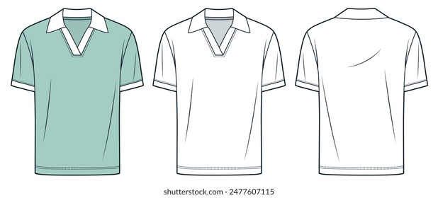 Ilustración técnica de la moda del polo. Polo de manga corta de la Plantilla de dibujo técnico plano de la moda de la camiseta, v cuello, vista frontal y posterior, blanco, verde menta, mujeres, hombres, conjunto de maqueta de CAD superior unisex.