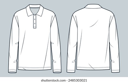 Polo Shirt technical fashion illustration. Long Sleeve Shirt fashion flat technical drawing template, polo collar, buttons, relaxed fit, front and back view, white, women, men, unisex Top CAD mockup.