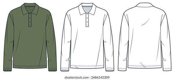 Ilustración técnica de la moda del polo. Plantilla de dibujo técnico plano de la moda de la camisa de manga larga, Botones, ajuste relajado, frente, vista posterior, blanco, verde caqui, mujeres, hombres, conjunto de maqueta de CAD superior unisex.