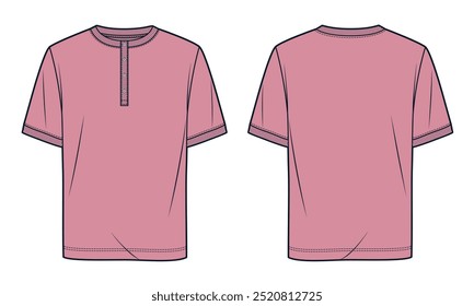 Polo Shirt technische Mode Illustration. T-Shirt Fashion Flat technische Zeichnungsvorlage, kurzer Ärmel, Knöpfe, entspannte Passform, Vorder- und Rückansicht, rosa, Frauen, Männer, Unisex CAD Mockup.