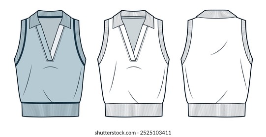 Polo Shirt ilustración técnica de moda. Chaleco suéter de moda plana técnica Plantilla de dibujo, sin mangas, cuello en v, ajuste relajado, vista frontal y posterior, blanco, azul, mujeres, hombres, unisex Top CAD maqueta.