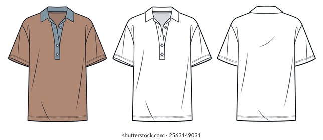 Polo Shirt technical fashion illustration. Half Button Tee Shirt fashion flat technical drawing template, collar, relaxed fit, front and back view, white, mocha, women, men, unisex Top CAD mockup set.