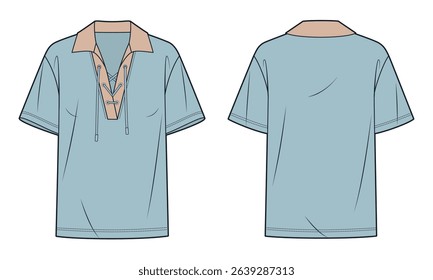 Polo Shirt Technical Fashion Illustration. Tee Shirt fashion flat technical drawing template, lace up, polo collar, relaxed fit, front and back view, blue, women, men, unisex Top CAD mockup.