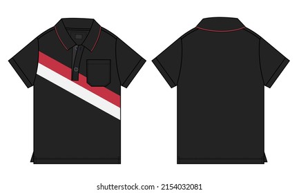 Polo Shirt Vector Illustration Black Color Template Front And Back Views. Apparel Polo T Shirt Mock Up Cad For Kids And Boys.