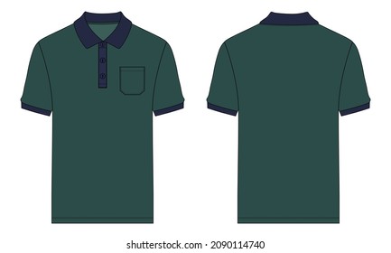 Plantilla de ilustración de vectores de polo Vistas frontal y posterior. El vestido de diseño de color verde se burla del cad Unisex masculino.