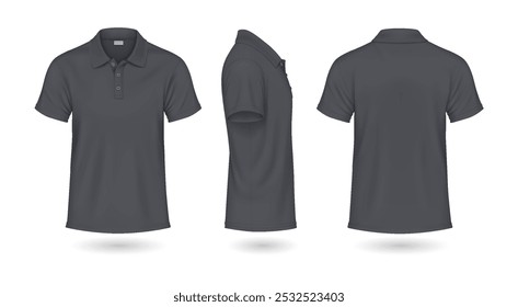 Camisas polo de carvão cinza cor mockup realista vetor ilustrações conjunto. Estilo casual para homens modelo 3d modelo no fundo branco