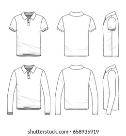 Polo shirts with short and long sleeves. Front, back and side views of clothing set. Blank vector templates. Fashion illustration.