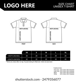 Polo shirts size guide of unisex short sleeve sizing chart Table size Front and back views Vector illustration.