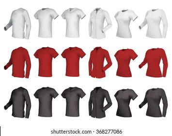 Polo, shirts and  t-shirts set. Male and female, side view.