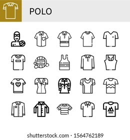 polo simple icons set. Contains such icons as Polo shirt, Waterpolo, Shirt, Tshirt, Sleeveless shirt, Sport T can be used for web, mobile and logo