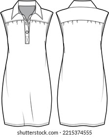 Polo Sleeveless Bodycon Dress Front and Back View Vector Fashion Illustration , CAD, Technisches Zeichnen, Flachzeichnung.	