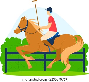 Polo sport with animal, man player ride horse for fame, isolated on white vector illustration. Male person horseback hold maller.