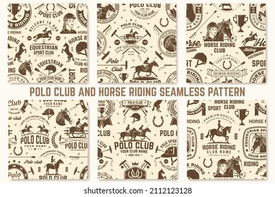 Polo sport club and horse riding seamless pattern. Vector. Vintage monochrome equestrian background with rider and horse silhouettes. For polo sport and horse riding pattern background or wallpaper.