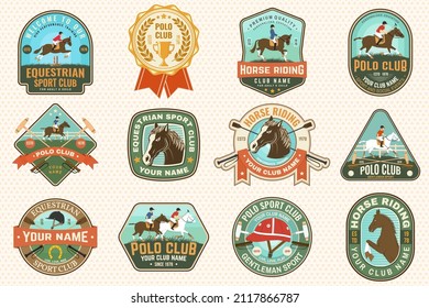 Club deportivo de polo y parches para montar a caballo, emblemas, logos. Ilustración vectorial. Etiqueta ecuestre de color, pegatina con siluetas de jinete y caballo. Concurso de polo club deportivo.