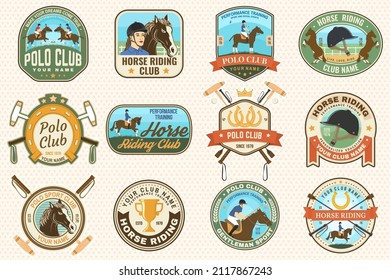 Polo sport club and horse riding patches, emblems, logos. Vector illustration. Color equestrian label, sticker with rider and horse silhouettes. Polo club competition riding sport.