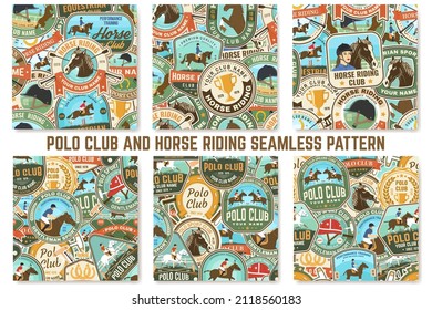 Polo sport club and horse riding seamless pattern. Vector. Vintage monochrome equestrian background with rider and horse silhouettes. For polo sport and horse riding pattern background or wallpaper.