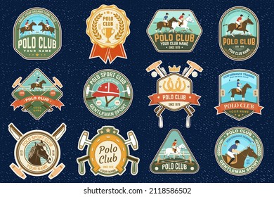 Polo sport club and horse riding patches, emblems, logos. Vector illustration. Color equestrian label, sticker with rider and horse silhouettes. Polo club competition riding sport.