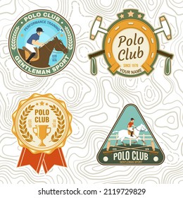 Polo sport club and horse riding patches, emblems, logos. Vector illustration. Color equestrian label, sticker with rider and horse silhouettes. Polo club competition riding sport.