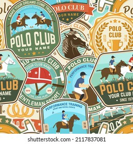 El club deportivo de polo se adapta a un patrón ininterrumpido. Vector. Color del fondo ecuestre con siluetas de jinete y caballo. Para polo, fondo de patrón de equitación o papel tapiz