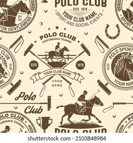 Polo sport club seamless pattern. Vector illustration. Vintage monochrome equestrian background with rider and horse silhouettes. Concept for polo sport pattern background or wallpaper.