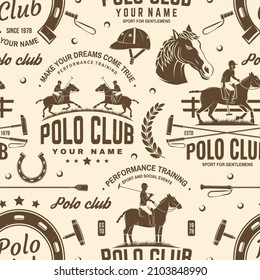 Polo sport club seamless pattern. Vector illustration. Vintage monochrome equestrian background with rider and horse silhouettes. Concept for polo sport pattern background or wallpaper.