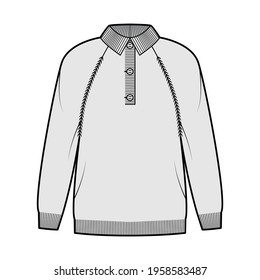 Polo Sweater technical fashion illustration with rib henley neck, long raglan sleeves, oversized, hip length, knit trim. Flat jumper apparel front, grey color style. Women, men unisex CAD mockup