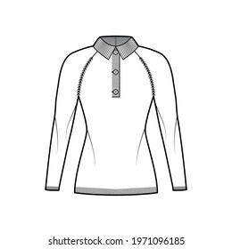 Polo Sweater technical fashion illustration with rib henley neck, classic collar, raglan sleeves, slim fit, hip length, knit trim. Flat garment apparel front, white color style. Women, men CAD mockup