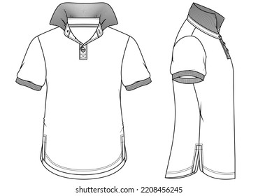 polo t shirt with curved hem fashion flat sketch vector illustration. front and side view technical drawing template.