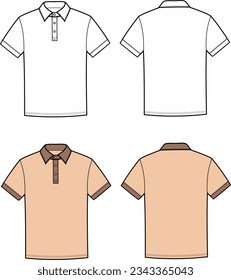 Polo t shirt flat sketch. Casual wear apparel design. Front and back. Men CAD mockup. Fashion technical drawing template. Vector illustration.