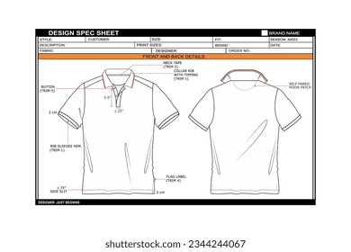 POLO T SHIRT FLAT SKETCH TEMPLATE TECHNICAL DRAWING ILLUSTRATION